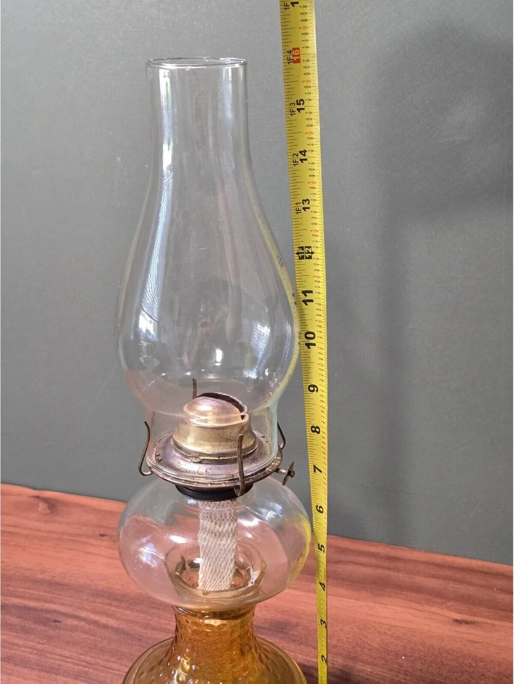 Vintage Amber Hobnail Glass Oill lamp with Clear Chimney Hurricane Light 16